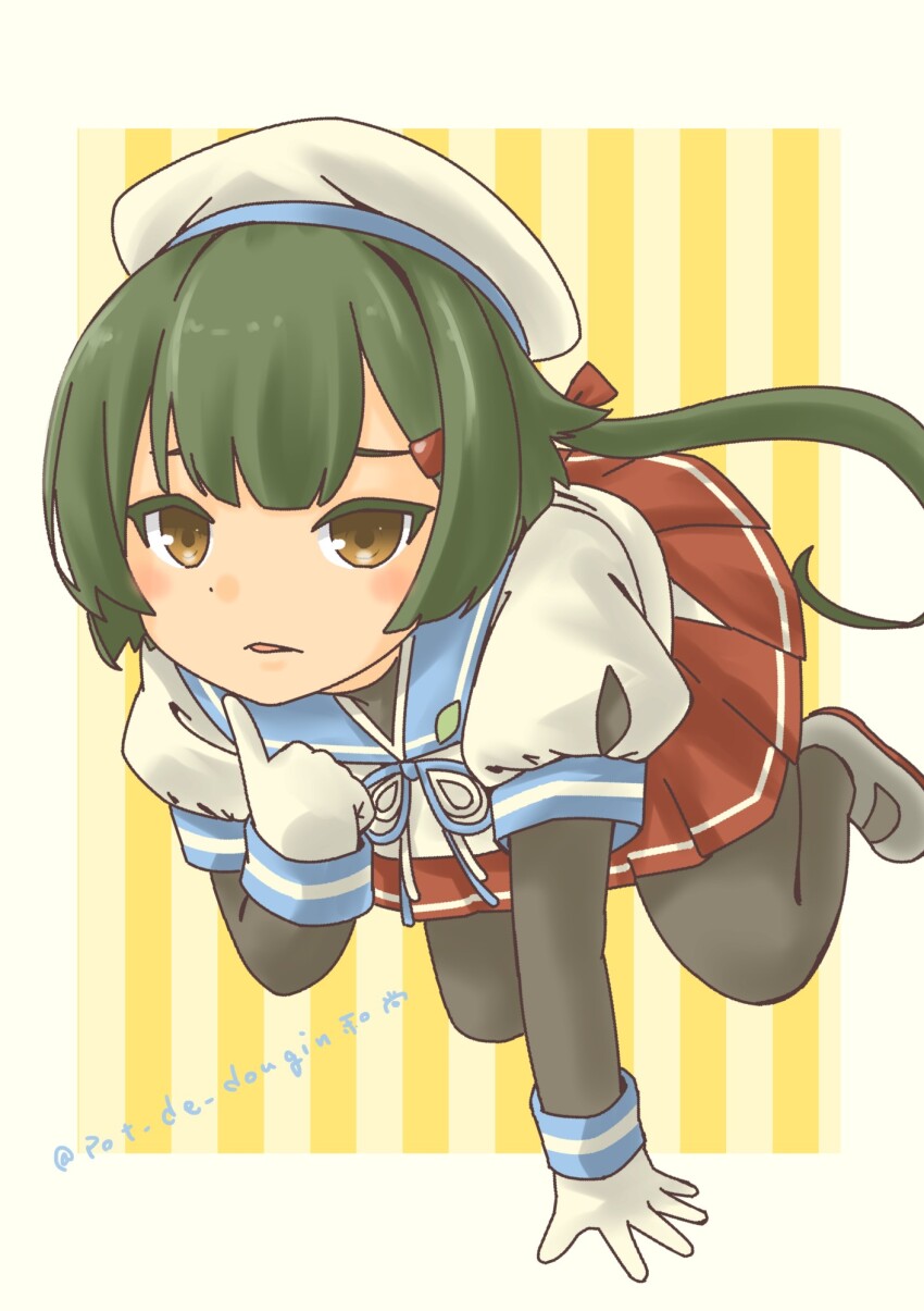 1girl all_fours black_pantyhose blue_sailor_collar brown_eyes gloves green_hair hat highres kantai_collection long_hair low_ponytail noumi_(kancolle) pantyhose pleated_skirt pot-de red_skirt sailor_collar sailor_hat sailor_shirt school_uniform serafuku shirt shoes short_sleeves skirt solo striped_background under_skirt uwabaki white_gloves white_hat white_shirt yellow_background