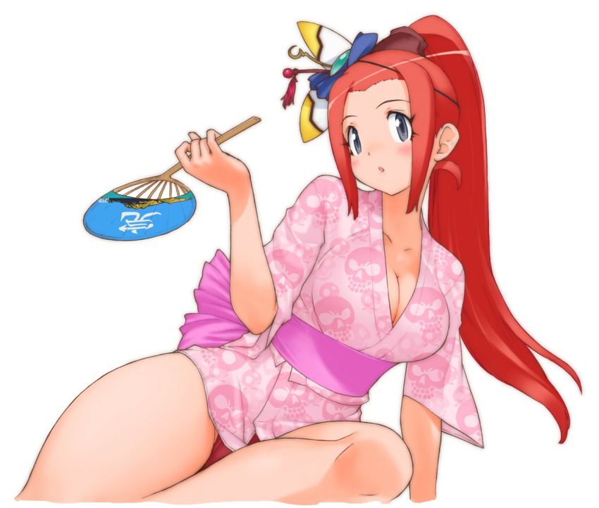 1girl :o black_eyes breasts cleavage female_focus hair_ornament hanafuuma_gesshi hand_fan holding large_breasts long_hair no_pants official_art otomedius otomedius_excellent panties paper_fan ponytail red_hair red_panties short_sleeves simple_background skull_print solo uchiwa underwear white_background yoshizaki_mine