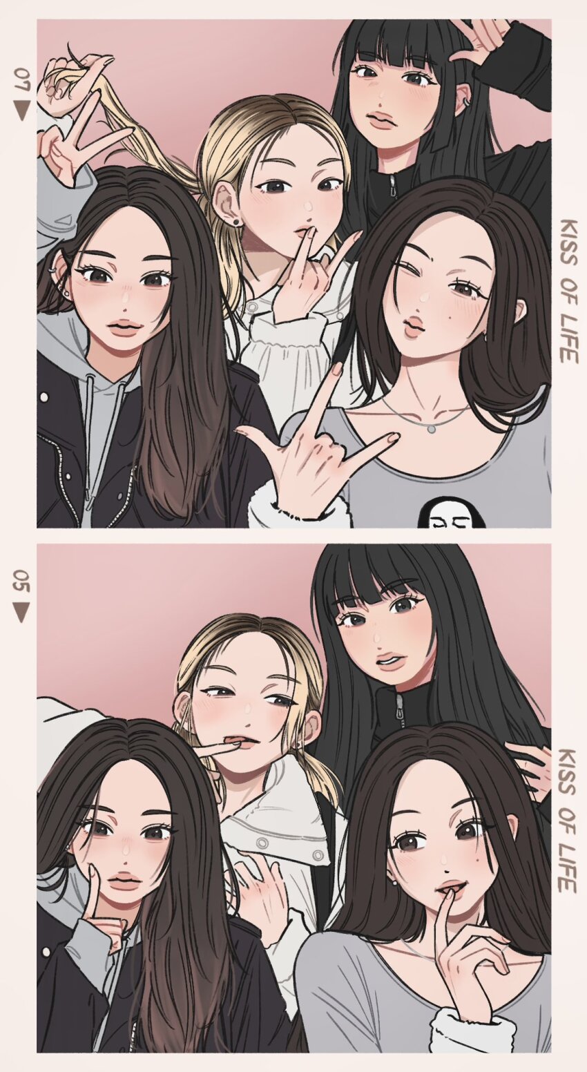 4girls \m/ animification belle_(kiss_of_life) black_eyes black_hair black_jacket blonde_hair brown_hair earrings forehead gradient_hair grey_hoodie grey_shirt hair_behind_ear haneul_(kiss_of_life) highres hood hoodie jacket jewelry julie_(kiss_of_life) k-pop kiss_of_life long_hair looking_at_viewer looking_to_the_side mole mole_under_eye multicolored_hair multiple_girls natty_(kiss_of_life) necklace one_eye_closed open_mouth parted_hair parted_lips pink_lips real_life shirt sleeves_past_wrists smile tangchi_suputhipong tongue tongue_out v