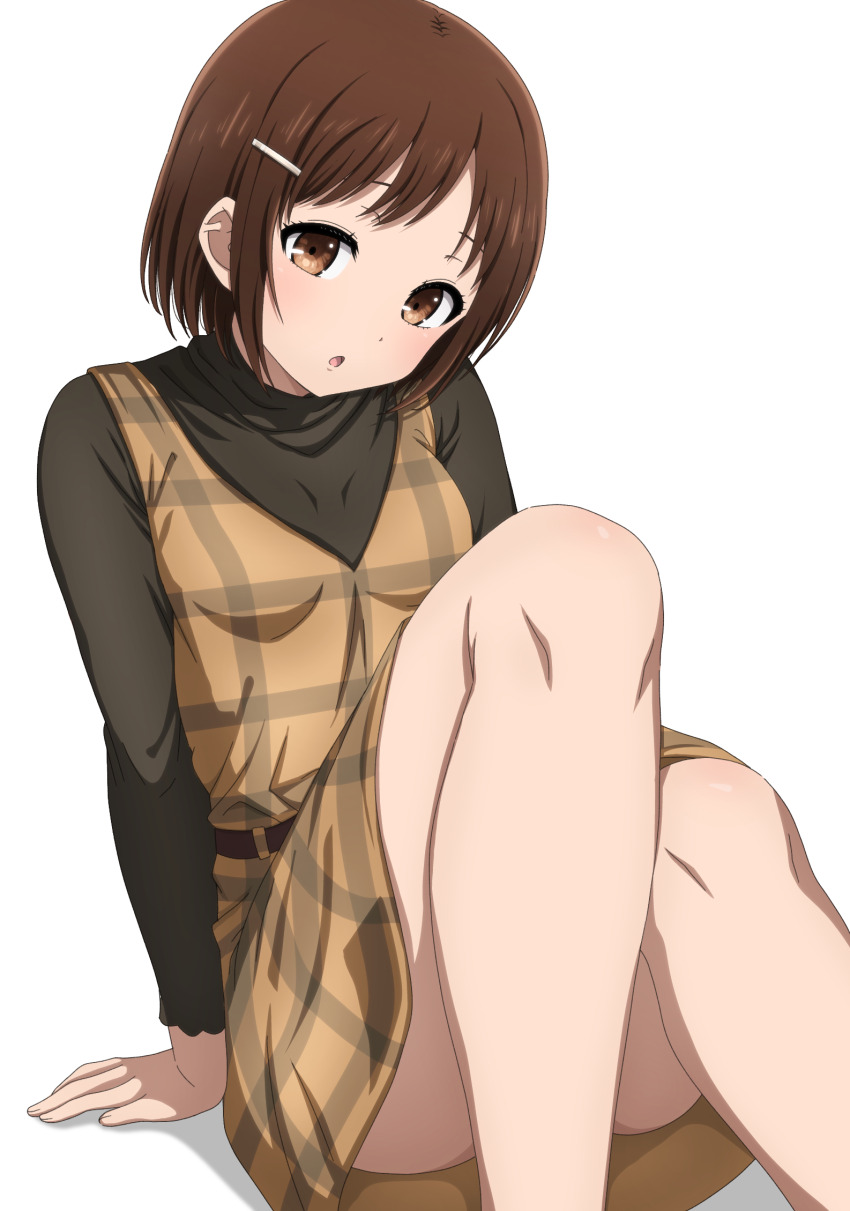 1girl :o arm_support bang_dream! bare_legs black_shirt blush breasts brown_dress brown_eyes brown_hair commentary dress hair_ornament hairclip hazawa_tsugumi highres long_sleeves looking_at_viewer noshimurin open_mouth paid_reward_available shirt short_hair sidelocks simple_background sitting small_breasts solo white_background