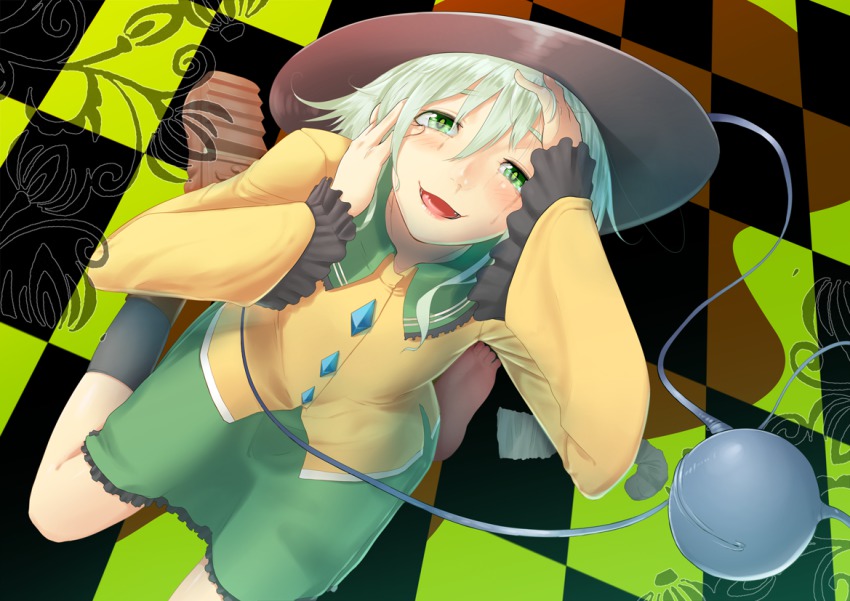 1girl blush checkered_floor eyeball fang female_focus floor from_above green_eyes green_hair hands_on_own_cheeks hands_on_own_face hat kneeling komeiji_koishi looking_up matching_hair/eyes mossari_poteto open_mouth short_hair silver_hair skirt smile solo third_eye touhou