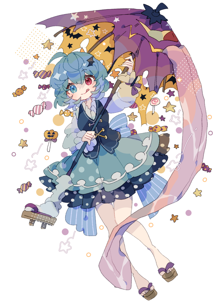 1girl :q absurdres ahoge aqua_bow aqua_hair aqua_skirt arm_up back_bow bare_legs bat_(animal) blue_vest bow candy closed_mouth commentary_request food frilled_sleeves frills full_body geta halloween heterochromia highres holding holding_umbrella karakasa_obake lollipop long_sleeves long_tongue looking_at_viewer nikorashi-ka polka_dot puffy_long_sleeves puffy_sleeves purple_ribbon purple_umbrella ribbon shirt short_hair skirt sleeve_ribbon smile solo star_(symbol) striped_bow swirl_lollipop symbol-shaped_pupils tatara_kogasa tongue tongue_out touhou umbrella vest white_background white_shirt wing_hair_ornament wrapped_candy x-shaped_pupils