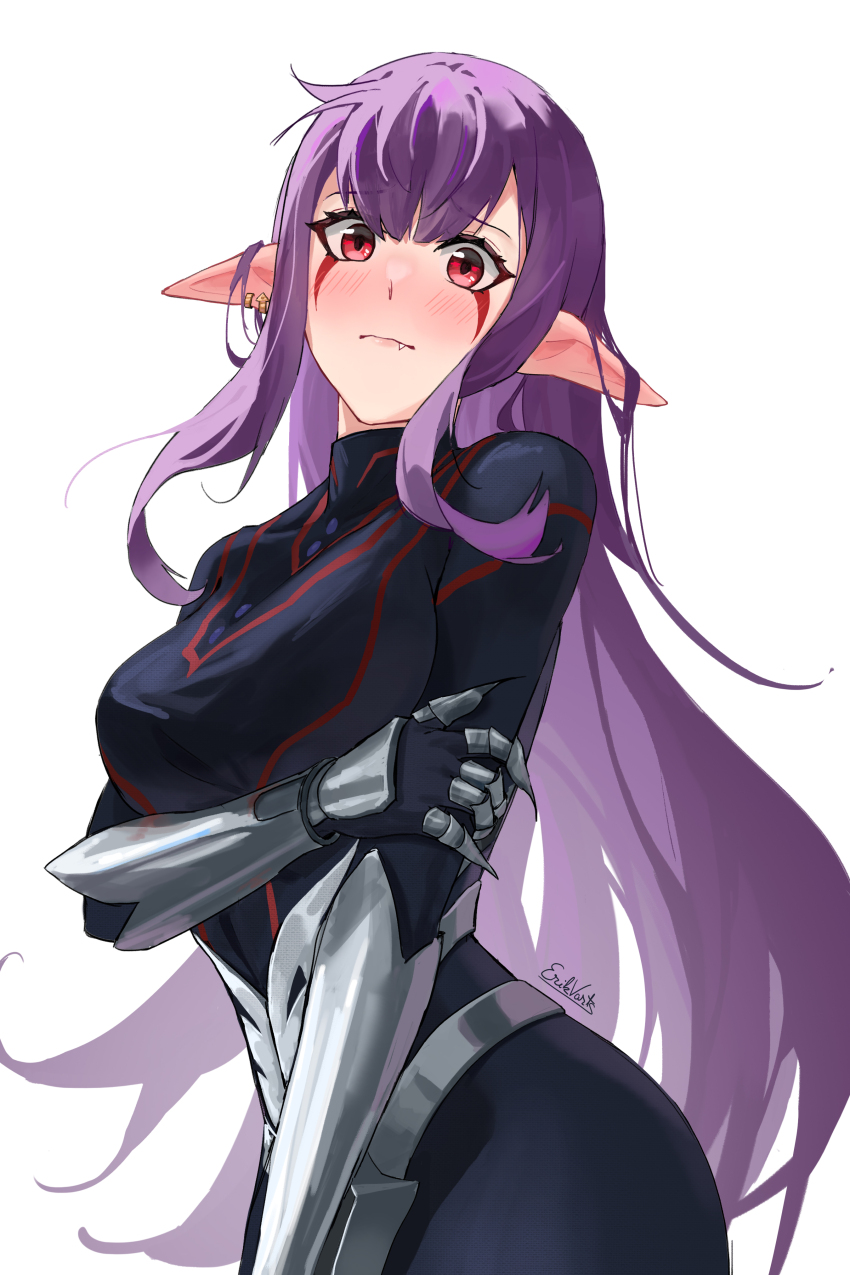 1girl absurdres arm_armor armor artist_name blush closed_mouth demon_girl earrings erikvarts esil_radiru fang fang_out highres holding_own_arm jewelry long_hair looking_at_viewer mark_under_both_eyes pointy_ears purple_hair red_eyes simple_background solo solo_leveling white_background