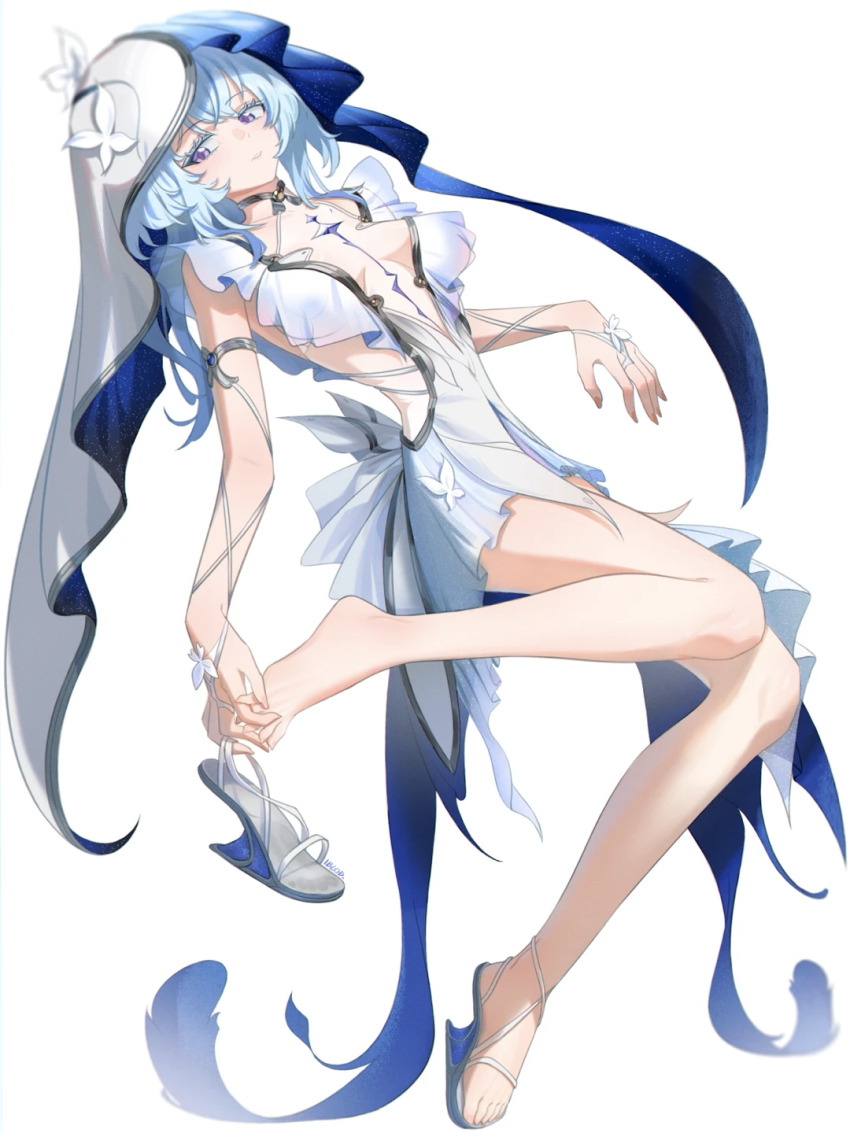 1girl barefoot blue_hair feet heel-less_heels high_heels highres holding holding_shoes iblod light_blue_hair long_hair parted_lips purple_eyes sandals shoes shorekeeper_(wuthering_waves) single_shoe strappy_heels toeprint toes unworn_shoes wuthering_waves