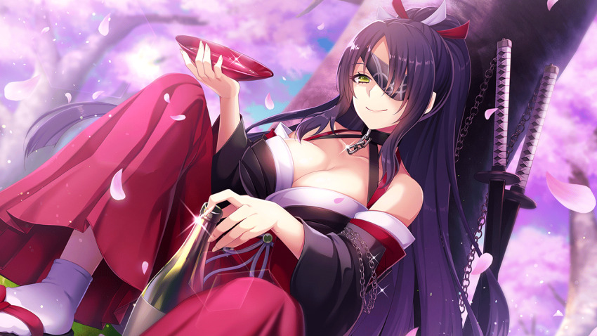 1girl alcohol bare_shoulders black_hair black_kimono blush breasts chain cherry_blossoms choker cleavage collar collarbone cup dana_darrell_domyoji deep_one_kyomu_to_mugen_no_fragment detached_sleeves eyepatch falling_petals floral_print hair_over_one_eye hakama hakama_skirt hanami holding holding_cup japanese_clothes jewelry katana kimono large_breasts long_hair long_sleeves looking_at_viewer moon natsuhiko non-web_source obi off_shoulder petals petals_on_liquid ponytail purple_hair red_hakama rose_petals sake sash scabbard sheath sheathed skirt smile solo sword tree very_long_hair weapon wide_sleeves wind yellow_eyes