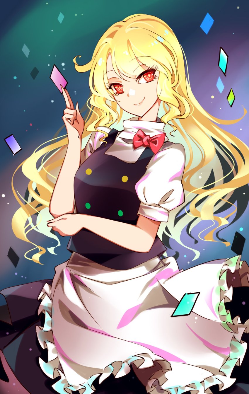 100th_black_market 1girl absurdres apron black_dress blonde_hair blue_background bow buttons card card_(medium) commentary dress hair_between_eyes highres holding holding_card kirisame_marisa long_hair looking_at_viewer maid maid_apron multicolored_buttons purple_background raptor7 red_bow red_eyes shirt smile touhou white_apron white_shirt