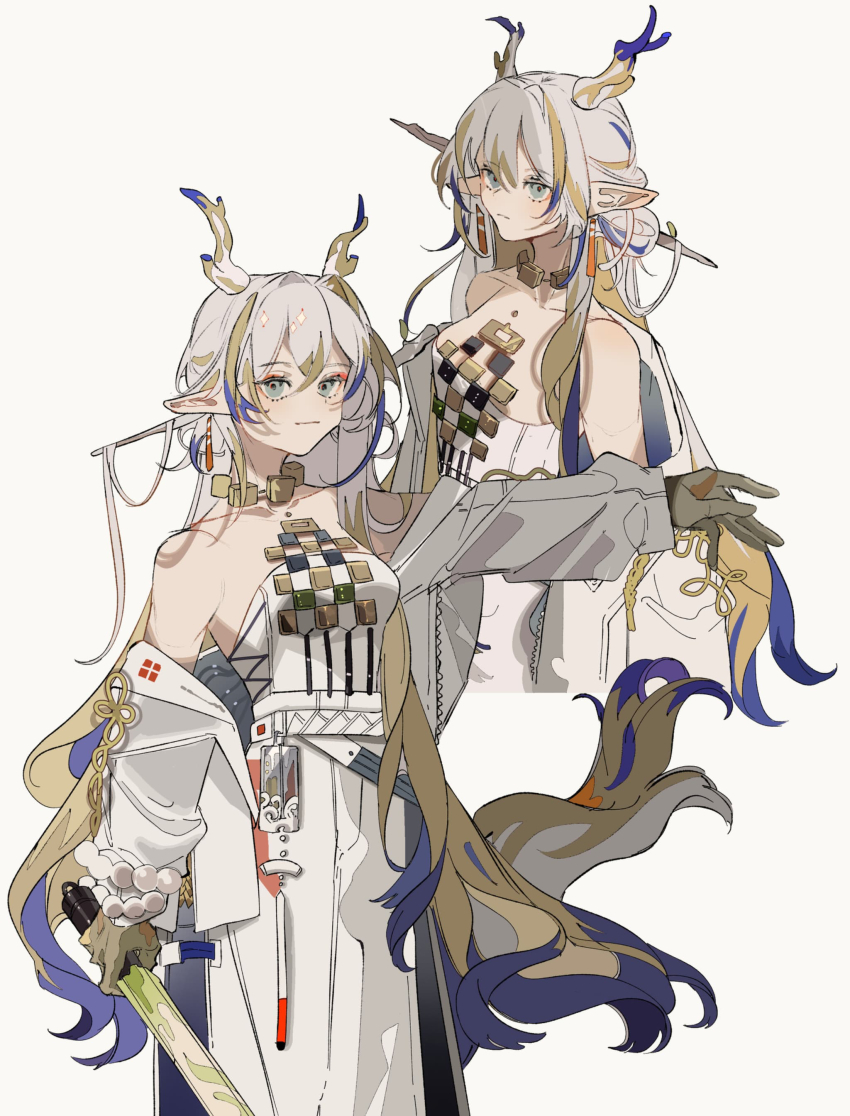 1girl absurdres arknights arm_up blonde_hair blue_eyes blue_hair colored_skin commentary_request cropped_torso dragon_horns feet_out_of_frame hair_ornament hair_stick highres horns jacket jewelry long_hair looking_at_viewer multicolored_hair necklace note_nii off_shoulder pants pointy_ears serious shu_(arknights) simple_background smile solo strapless tube_top white_background white_hair white_jacket white_pants white_tube_top yellow_skin