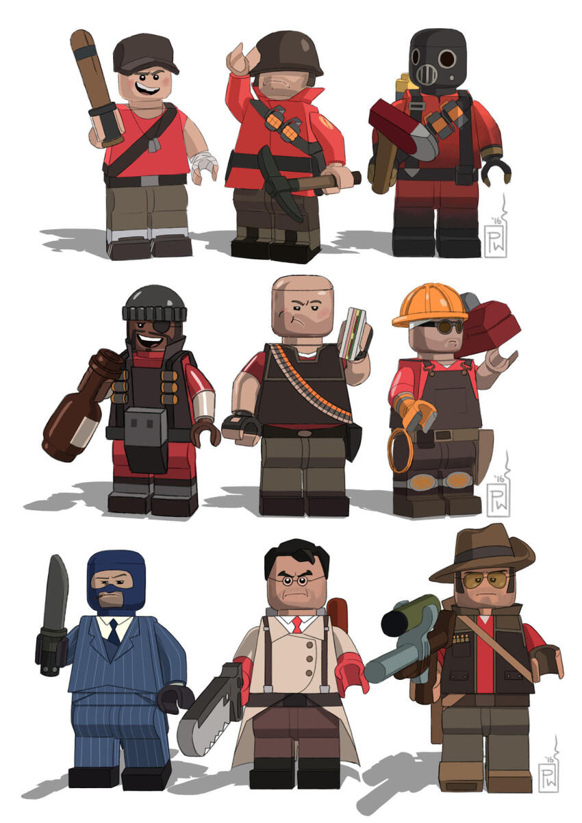 1other 6+boys axe baseball_bat baseball_cap black_hat black_overalls black_vest blu_spy_(tf2) blue_jacket blue_pants collared_shirt commentary dark-skinned_male dark_skin demoman_(tf2) engineer_(tf2) english_commentary formal gun hat heavy_(tf2) helmet highres holding holding_axe holding_baseball_bat holding_gun holding_knife holding_pickaxe holding_sword holding_weapon jacket jumpsuit knife lego_minifig looking_at_viewer male_focus mask medic_(tf2) multiple_boys overalls pants pickaxe pinstripe_pattern pinstripe_suit protowilson pyro_(tf2) red_demoman_(tf2) red_engineer_(tf2) red_heavy_(tf2) red_jumpsuit red_medic_(tf2) red_pyro_(tf2) red_scout_(tf2) red_sniper_(tf2) red_soldier_(tf2) scout_(tf2) shadow shirt simple_background smile sniper_(tf2) soldier_(tf2) spy_(tf2) suit sword team_fortress_2 toolbox vest weapon white_background white_shirt