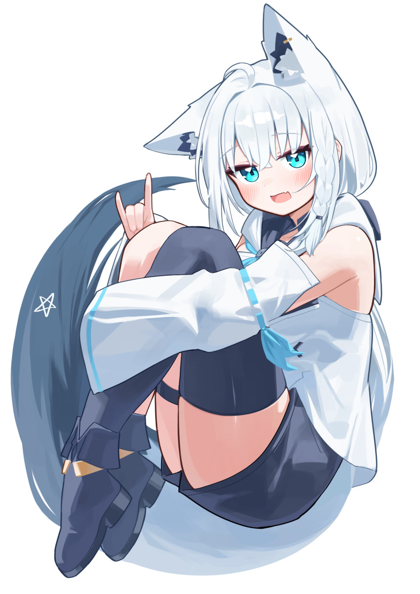 1girl absurdres animal_ear_piercing animal_ears aqua_eyes bare_shoulders black_footwear black_thighhighs blush commentary_request deaver detached_sleeves fox_ears fox_girl fox_tail hair_between_eyes hair_intakes highres hololive hugging_own_legs long_hair looking_at_viewer open_mouth pentagram shirakami_fubuki shirakami_fubuki_(1st_costume) shirt simple_background single_thighhigh smile solo tail thighhighs thighs virtual_youtuber white_background white_hair white_shirt white_sleeves