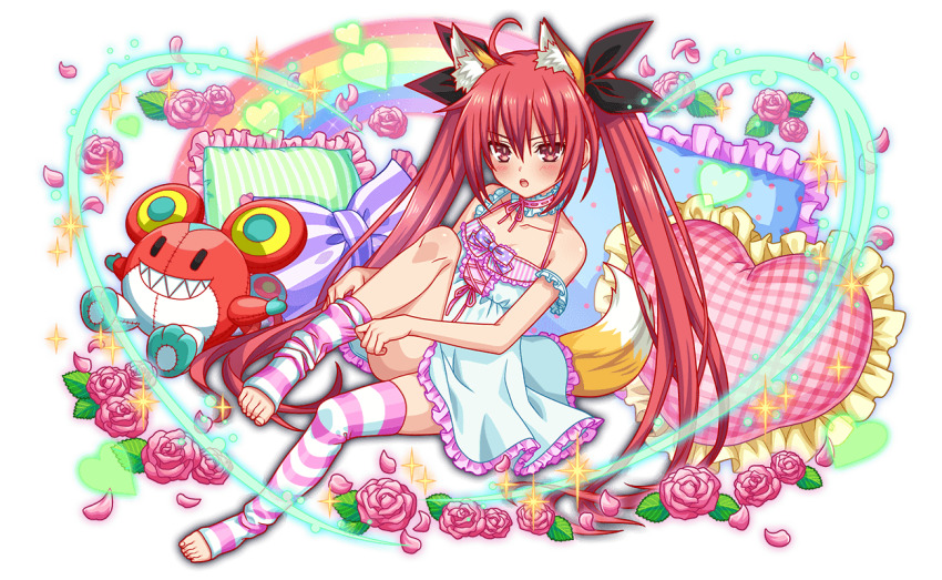 1girl ahoge animal_ears bare_shoulders blush collarbone crash_fever date_a_live dress flower fox_ears fox_tail hair_between_eyes hair_ribbon itsuka_kotori leaf long_hair looking_at_viewer official_alternate_costume official_art open_mouth pillow pink_flower pink_rose red_eyes red_hair ribbon rose second-party_source solo striped_clothes striped_thighhighs tachi-e tail thighhighs transparent_background twintails