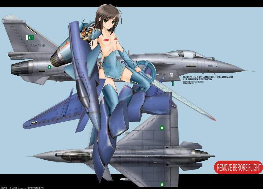 1girl aircraft airplane canards chengdu_j-10 china female_focus green_eyes highres jet mecha_musume military original pakistan pasties pla solo sword third-party_edit weapon