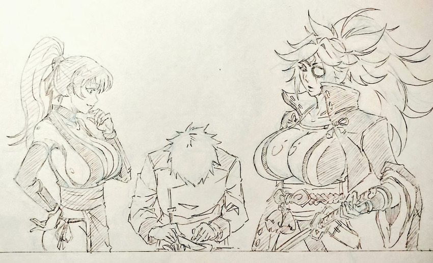 1boy 2girls arc_system_works baiken breasts bursting_breasts cleavage cooking crossover dead_or_alive from_behind guilty_gear hand_on_own_hip highres kasumi_(doa) large_breasts long_hair monochrome multiple_girls parted_lips ponytail rakusakugk short_hair sideboob sketch smile sword tecmo traditional_media weapon