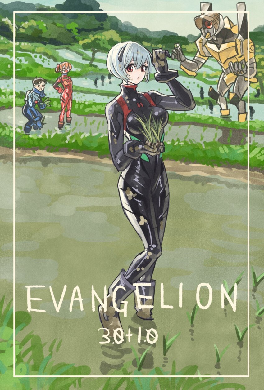 1boy 2girls ayanami_rei black_bodysuit blue_bodysuit blue_hair bodysuit commentary_request copyright_name day eva_00 evangelion:_3.0+1.0_thrice_upon_a_time evangelion_(mecha) full_body green_theme hair_bun hand_on_own_hip highres ikari_shinji looking_at_viewer mecha_pilot_suit multiple_girls neon_genesis_evangelion one-eyed orange_hair outdoors rebuild_of_evangelion red_bodysuit red_eyes rice_paddy shiny_clothes short_hair sky souryuu_asuka_langley takeuchi_ryousuke wide_hips