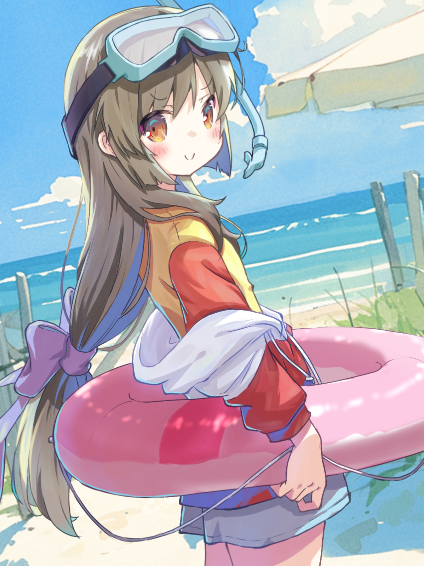 &gt;:) 1girl akayama_yukihe alternate_costume arm_at_side blue_sky blunt_ends blush bow brown_eyes brown_hair c: clannad closed_mouth commentary_request cowboy_shot day dutch_angle eyes_visible_through_hair from_side goggles goggles_on_head grey_shorts hair_between_eyes hair_bow hair_over_shoulder highres ibuki_fuuko long_hair looking_at_viewer low-tied_long_hair ocean outdoors pink_innertube purple_bow shorts sidelocks sky smile smug solo split_mouth summer swim_ring v-shaped_eyebrows very_long_hair