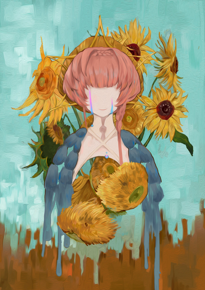 1girl absurdres braid buckle commentary cropped_torso crown_braid dongdi_cangyang fate/grand_order fate_(series) flower green_background hat highres medium_hair no_eyes orange_hair side_braid solo straw_hat sunflower sunflowers_(van_gogh) teardrop tears upper_body van_gogh_(fate) van_gogh_(first_ascension)_(fate) vincent_van_gogh_(style) yellow_hat