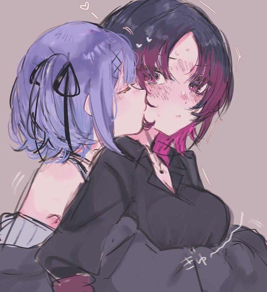 2girls absurdres armpit_crease black_hair black_shirt blush breasts cardigan cleavage closed_eyes collared_shirt gradient_hair grey_background grey_cardigan hair_ornament hair_ribbon hairpin heart herz_25 highres hug hug_from_behind jewelry kisaragi_ren_(vtuber) kiss kiss_from_behind kissing_cheek long_sleeves looking_at_another medium_breasts multicolored_hair multiple_girls multiple_hairpins necklace nose_blush off_shoulder purple_hair red_eyes red_hair ribbon shinomiya_runa shirt sidelocks simple_background sketch split_bangs two_side_up virtual_youtuber vspo! yuri