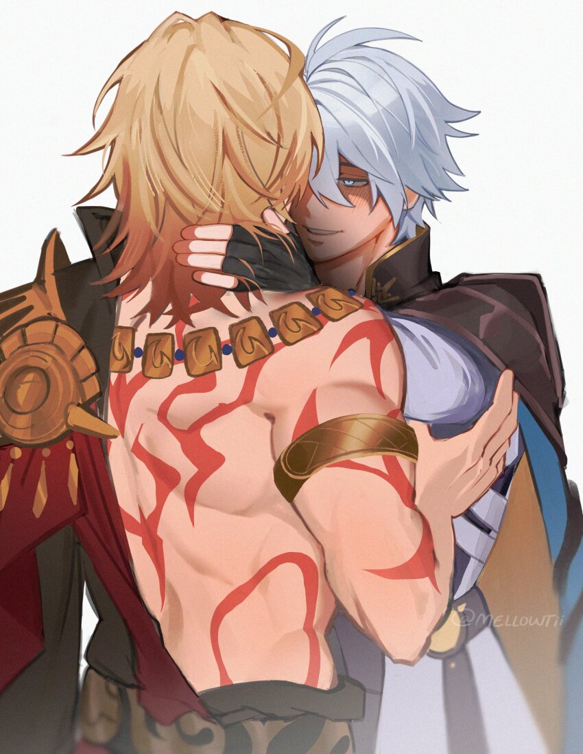 2boys absurdres armlet armor back_tattoo blonde_hair blue_eyes blue_hair blush coat collared_coat crazy_eyes creepy_eyes fingerless_gloves from_behind gloves gold_necklace hand_on_another&#039;s_neck highres honkai:_star_rail honkai_(series) jewelry male_focus mellowtii multiple_boys muscular muscular_male mydei_(honkai:_star_rail) necklace open_clothes open_coat pauldrons phainon_(honkai:_star_rail) red_tattoo shoulder_armor single_pauldron smirk tattoo toned toned_male white_background yaoi