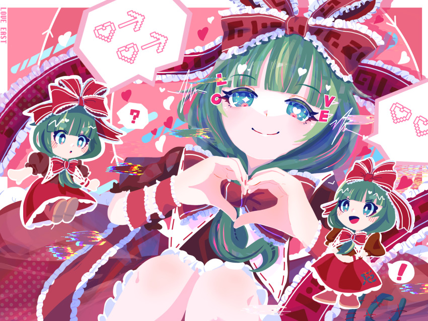 ! 1girl :d :o ? blue_eyes blunt_bangs blush bow chibi closed_mouth commentary dress frilled_bow frilled_ribbon frills front_ponytail green_hair hair_bow heart heart-shaped_pupils heart_hands highres kagiyama_hina long_hair looking_at_viewer mismatched_pupils multiple_views omame_sakana open_mouth puffy_short_sleeves puffy_sleeves red_bow red_dress red_footwear red_ribbon ribbon shoes short_sleeves smile song_name speech_bubble split_mouth spoken_exclamation_mark spoken_heart spoken_question_mark star-shaped_pupils star_(symbol) symbol-shaped_pupils touhou