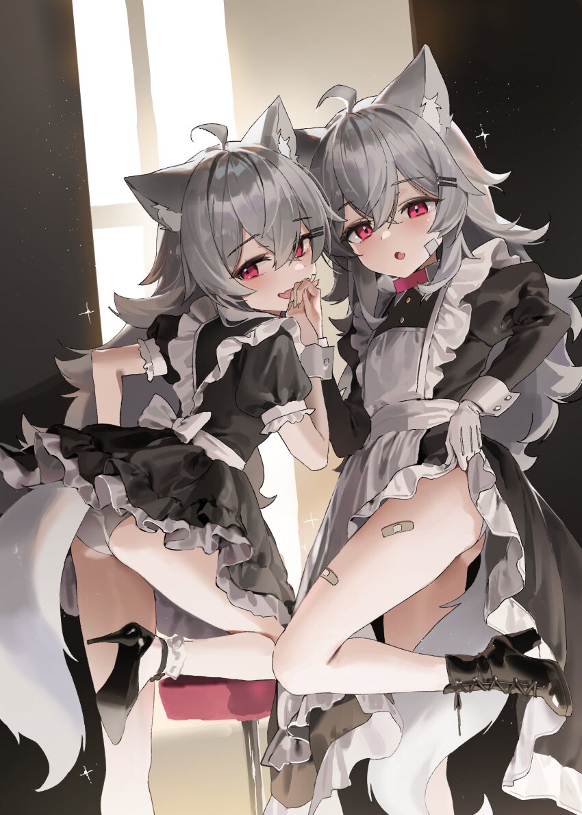 2girls absurdres ahoge animal_ears bandaid bandaid_on_thigh black_shoes character_request commentary_request copyright_request grey_hair hair_ornament hairclip highres long_hair looking_at_viewer maid multiple_girls open_mouth pepperdevil red_eyes shoes tail thighs