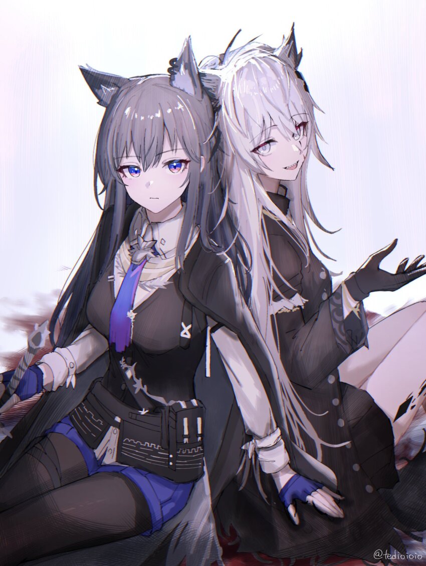 2girls animal_ear_piercing animal_ears arknights back-to-back black_cape black_gloves black_hair black_pantyhose black_vest blood cape chromatic_aberration closed_mouth collared_shirt commentary cowboy_shot expressionless fingerless_gloves gloves grey_eyes grey_hair hair_between_eyes heads_together highres lappland_(arknights) lappland_(refined_horrormare)_(arknights) long_hair long_sleeves looking_at_viewer material_growth multiple_girls necktie official_alternate_costume open_mouth orange_eyes oripathy_lesion_(arknights) pantyhose purple_eyes purple_gloves purple_necktie purple_shorts scar scar_across_eye shirt shorts sitting smile tedioioio texas_(arknights) texas_the_omertosa_(arknights) twitter_username vest waistcoat watermark white_shirt wolf_ears wolf_girl