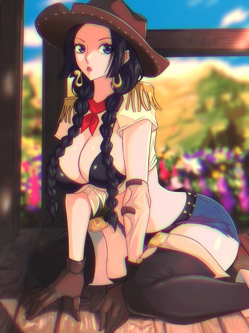 1girl absurdres bikini bikini_top_only black_hair blue_eyes boa_hancock boots braid breasts cowboy_hat cowgirl_(western) earrings gloves hat highres jewelry large_breasts long_hair one_piece opalis swimsuit twin_braids