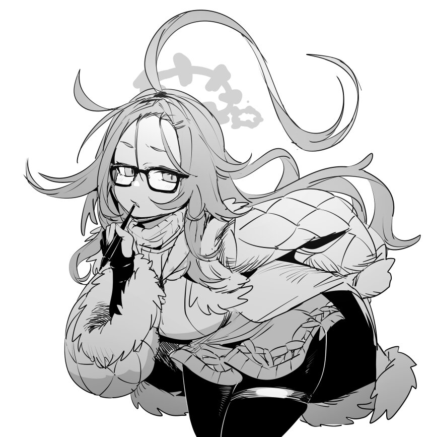 1girl absurdres ahoge bangs_pinned_back bent_over blue_archive breasts coat ddari forehead fur-trimmed_coat fur_trim glasses greyscale halo highres holding holding_stylus huge_ahoge large_breasts long_hair mask mask_around_neck meru_(blue_archive) monochrome pantyhose solo stylus sweater thigh_strap turtleneck turtleneck_sweater white_background