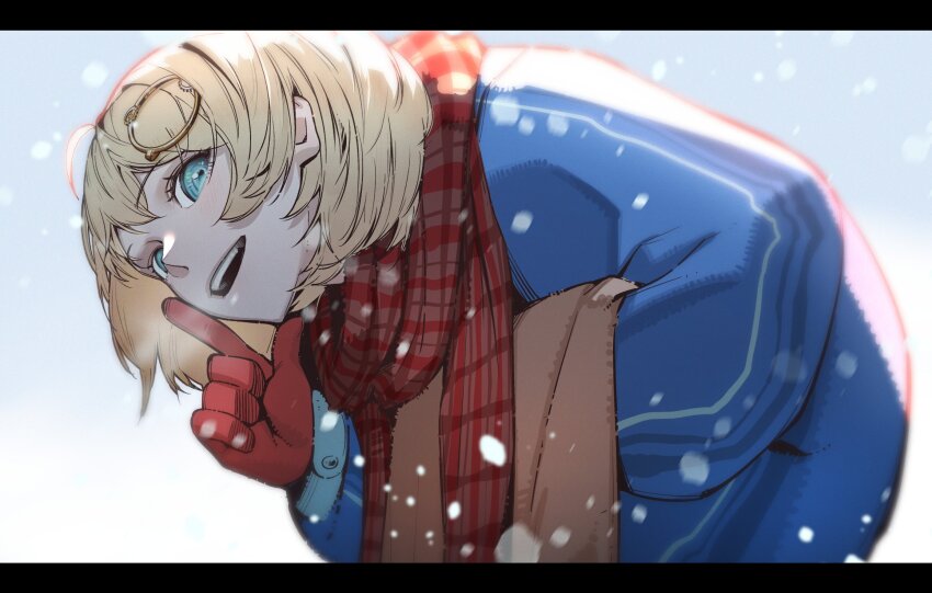 1girl blonde_hair blue_eyes breath coat cold hair_ornament highres hololive hololive_english looking_at_viewer monocle open_mouth plaid_clothes plaid_scarf rat_huang red_scarf scarf short_hair smile snow snowing solo virtual_youtuber watson_amelia winter winter_clothes winter_coat