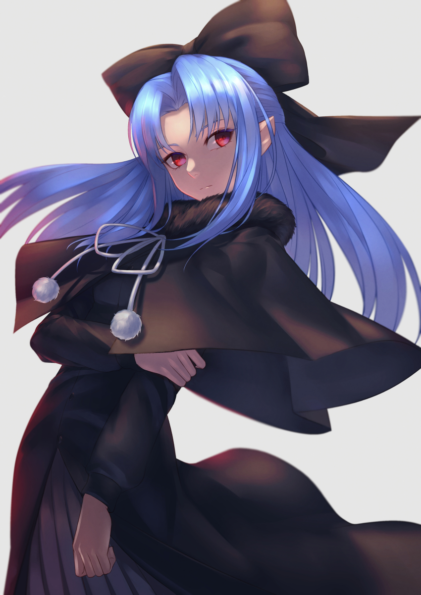 1girl absurdres black_bow black_capelet black_dress blue_hair bow capelet closed_mouth dress floating_hair fur-trimmed_capelet fur_trim grey_background hair_bow hair_intakes highres len_(tsukihime) long_dress long_hair looking_at_viewer neck_ribbon pointy_ears red_eyes ribbon solo standing t800 tsukihime very_long_hair white_ribbon