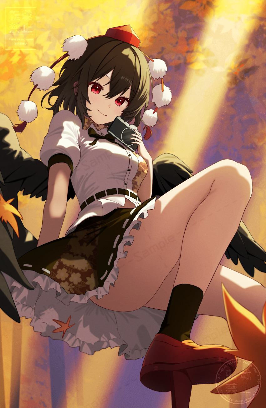 1girl absurdres autumn_leaves black_bow black_bowtie black_hair black_skirt black_socks black_wings blush bow bowtie breasts camera closed_mouth collared_shirt commentary feathered_wings from_below geta hand_up hat highres holding holding_camera leaf looking_at_viewer maizumi medium_breasts miniskirt pleated_skirt pom_pom_(clothes) red_eyes red_footwear red_hat sample_watermark shameimaru_aya shirt short_hair skirt smile socks solo tengu tengu-geta thighs tokin_hat touhou watermark white_shirt wings