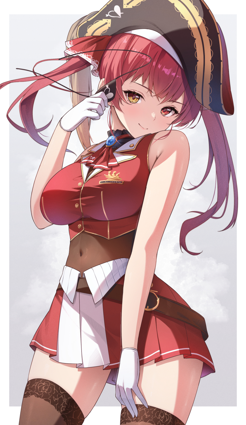 1girl absurdres ascot belt border breasts brown_belt brown_thighhighs cleavage closed_mouth covered_navel cropped_vest eyepatch unworn_eyepatch floating_hair gloves gold_trim hand_up hat heterochromia highres holding_eyepatch hololive houshou_marine houshou_marine_(1st_costume) iroha_(unyun) large_breasts miniskirt pirate_hat pleated_skirt plume red_ascot red_eyes red_hair red_skirt see-through_clothes see-through_cleavage skirt smile solo thighhighs twintails vest virtual_youtuber white_border white_gloves yellow_eyes zettai_ryouiki