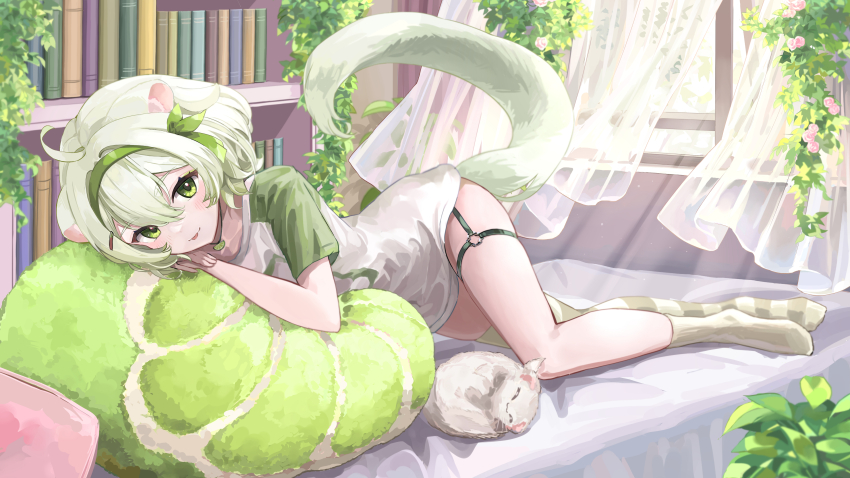 1girl absurdres ahoge animal animal_ears asymmetrical_legwear bed book bookshelf cat cat_ears cat_girl cat_tail curtains flower food fruit full_body green_eyes green_hair green_hairband green_socks green_thighhighs hair_between_eyes hair_ornament hairband highres indoors leaf leaf_hair_ornament lime_(fruit) looking_at_viewer lying no_pants no_shoes on_bed on_side original parted_lips pillow plant raglan_sleeves shirt short_hair short_sleeves smile socks solo striped_clothes striped_thighhighs sunlight t-shirt tail thigh_strap thighhighs tongue tongue_out tsurubami_(gaad5227) two-tone_shirt white_shirt window