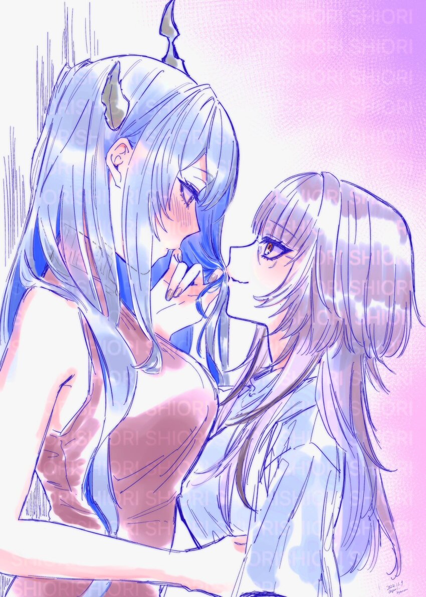 2girls asymmetrical_horns black_hair blue_hair blush breasts eye_contact glasses highres hololive hololive_english horns long_hair looking_at_another multiple_girls nerissa_ravencroft shiori_novella uneven_horns virtual_youtuber yuri yuri_kyanon