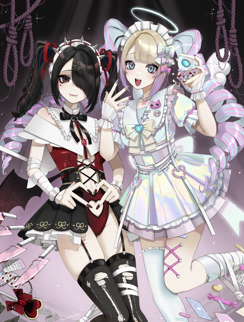 2girls absurdres alternate_costume ame-chan_(needy_girl_overdose) black_eyes black_hair black_ribbon blonde_hair blue_eyes chouzetsusaikawa_tenshi-chan claralukika commentary_request hair_over_one_eye halo headdress highres holographic_clothing knife medicine multicolored_hair multiple_girls neck_ribbon needy_girl_overdose noose ribbon scar scar_on_leg socks tagme white_headdress white_socks