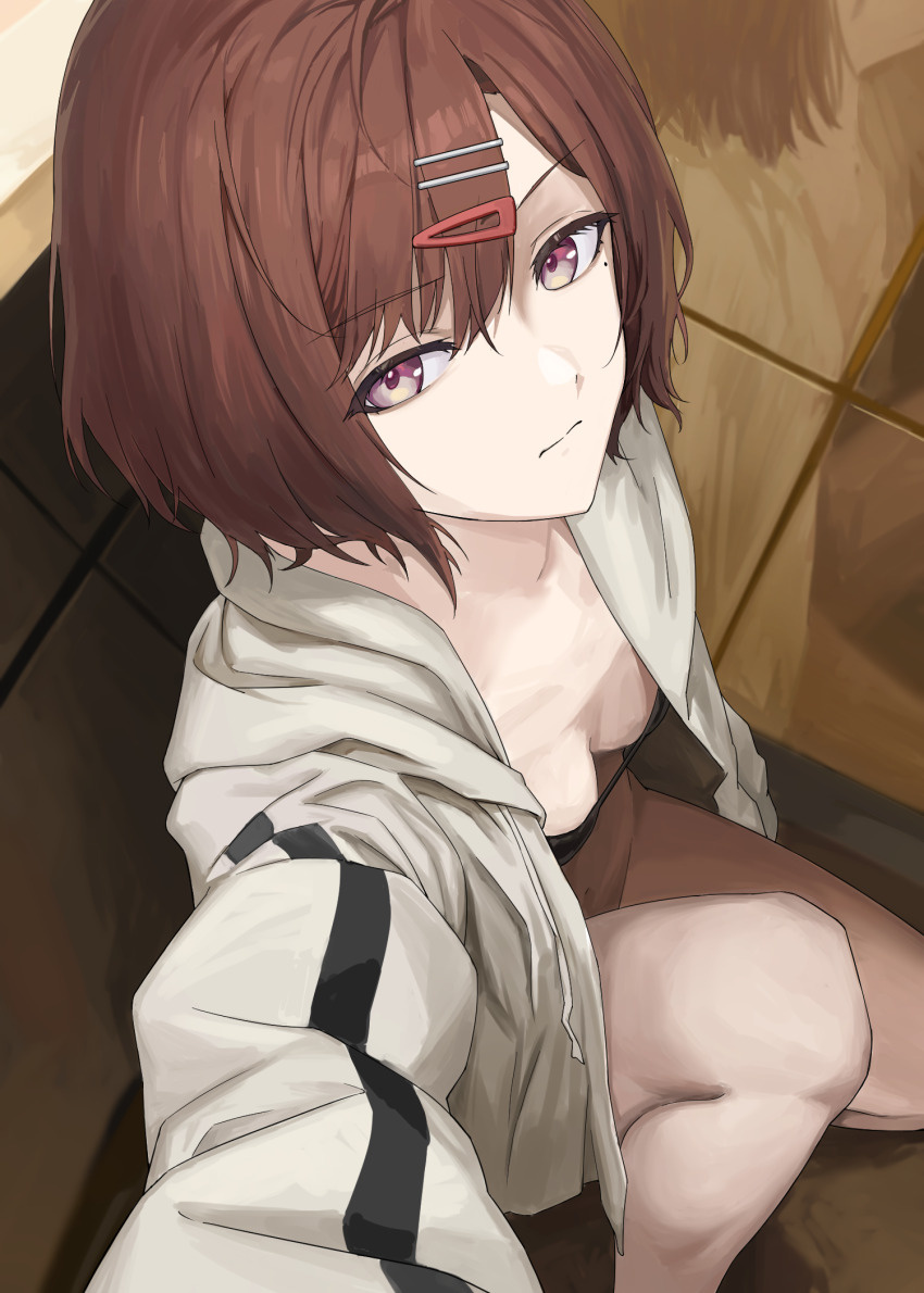 1girl black_bra bra breasts brown_hair closed_mouth commentary hair_ornament hairclip highres higuchi_madoka hood hood_down hooded_jacket idolmaster idolmaster_shiny_colors jacket looking_at_viewer mole mole_under_eye navel no_panties open_clothes open_jacket purple_eyes reflection short_hair small_breasts solo tiles underwear white_jacket yao_yang