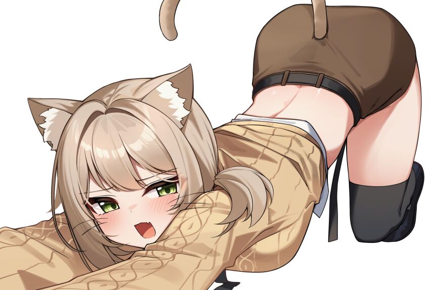 1girl absurdres animal_ear_fluff animal_ears belt black_thighhighs breasts brown_hair brown_shorts brown_sweater cat_ears cat_tail crop_top cropped_sweater fang green_eyes highres kemonomimi_mode long_hair long_sleeves looking_at_viewer median_furrow medium_breasts midriff open_mouth short_ponytail short_shorts shorts simple_background solo sweater tail thighhighs thighs top-down_bottom-up viichan virtual_youtuber waktaverse whiskers white_background ziro_(zirorong)