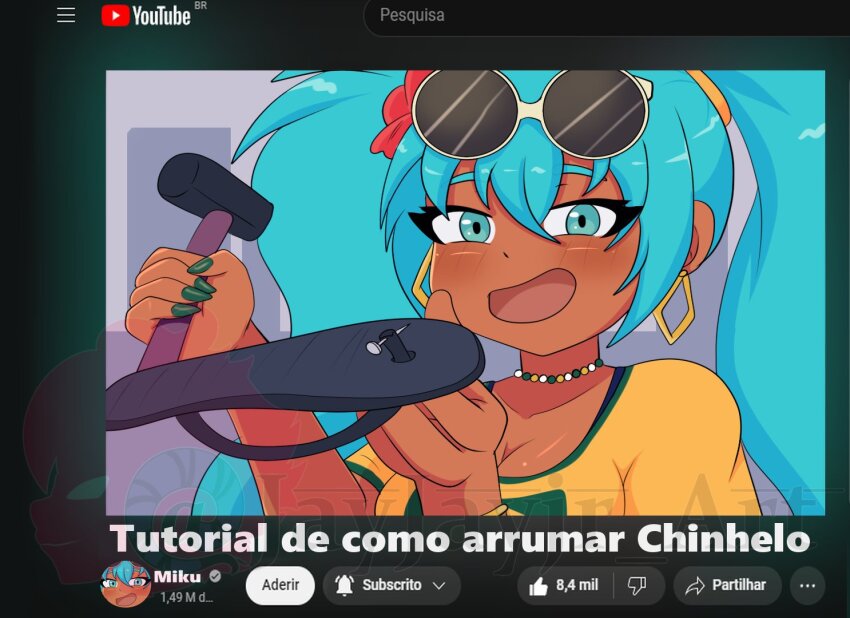 1girl :d aqua_eyes aqua_hair artist_name bead_necklace beads brazilian_flag brazilian_miku check_translation dark-skinned_female dark_skin eyewear_on_head fake_screenshot fake_video flip-flops green_nails hammer hashtag-only_commentary hatsune_miku holding holding_sandals jayjayjr jewelry la_chancla long_hair looking_at_viewer nail_(hardware) necklace open_mouth portuguese_text round_eyewear sandals shirt smile solo sunglasses translation_request twintails upper_body very_long_hair vocaloid watermark white-framed_eyewear yellow_shirt youtube