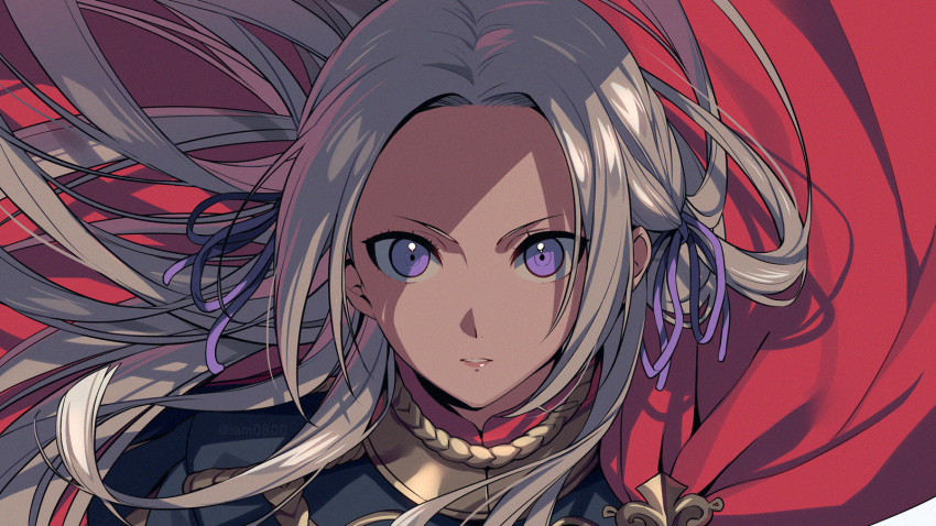 1girl asada_hachi ascot banned_artist breasts cape closed_mouth edelgard_von_hresvelg fire_emblem fire_emblem:_three_houses garreg_mach_monastery_uniform gloves hair_ornament hair_ribbon highres long_hair long_sleeves looking_at_viewer nintendo purple_eyes red_cape ribbon simple_background solo white_hair