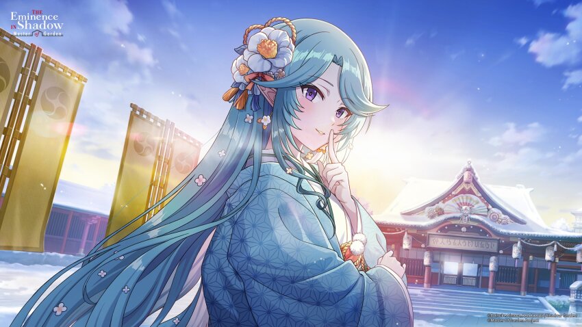 1girl artist_request banner blue_hair blue_kimono cloud copyright_notice dawn epsilon_(kage_no_jitsuryokusha_ni_naritakute!) flower hair_flower hair_ornament highres japanese_clothes kage_no_jitsuryokusha_ni_naritakute! kage_no_jitsuryokusha_ni_naritakute!_master_of_garden kimono logo long_hair official_art parted_lips pointy_ears pom_pom_(clothes) purple_eyes sky snow solo stairs tassel tassel_hair_ornament upper_body white_flower