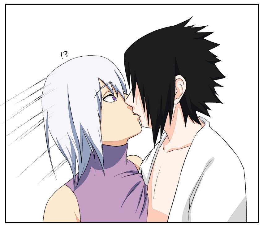 !? black_hair grabbing_another&#039;s_shirt highres hoozuki_suigetsu kiss motion_lines naruto_(series) naruto_shippuuden part_of_a_set purple_eyes purple_shirt shirt slightly_open_shirt spiked_hair surprise_kiss surprised uchiha_sasuke white_background white_hair yaoi yoshiya0909