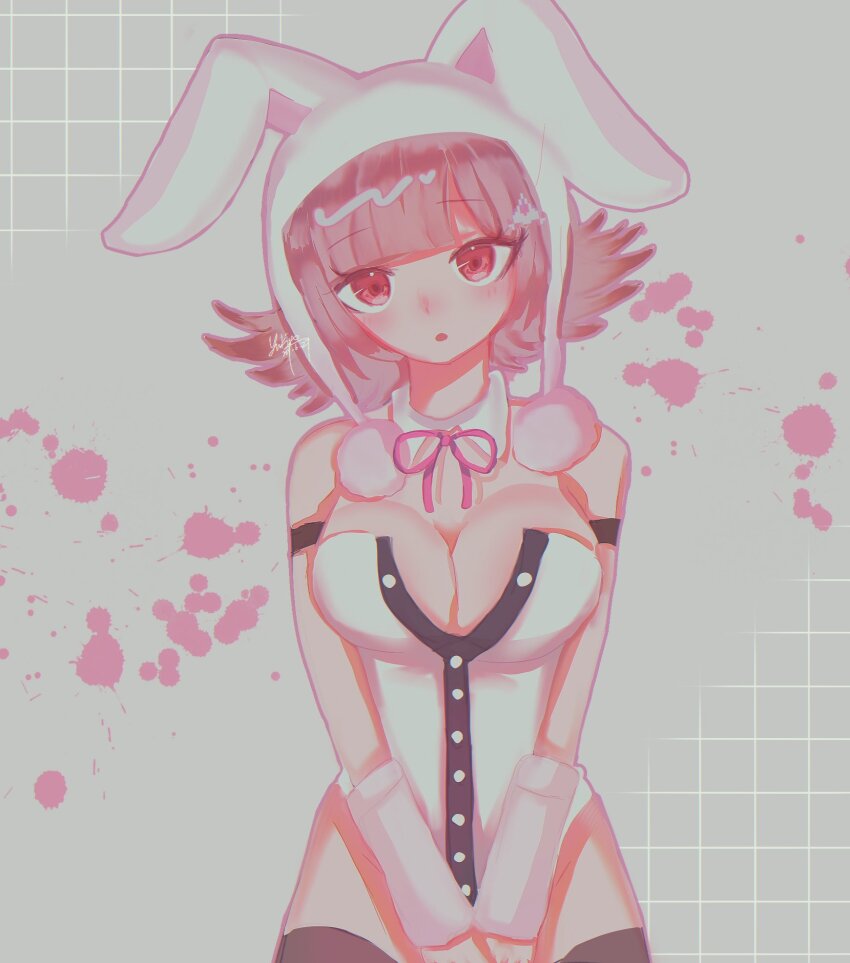 :o animal_ears animal_hood arm_warmers bare_shoulders blood blunt_bangs blush breasts cowboy_shot danganronpa_(series) danganronpa_2:_goodbye_despair fake_animal_ears galaga hair_ornament highres hood large_breasts looking_at_viewer medium_hair nanami_chiaki neck_ribbon no_mole official_alternate_costume pink_blood pink_hair pink_ribbon rabbit_hood ribbon solo two-tone_leotard yukine1012