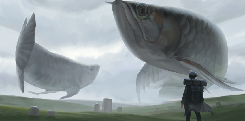 1boy arowana backpack bag black_hair black_pants cloud cloudy_sky commentary_request day facing_away field fish from_behind grass grey_background grey_sky highres izna_(iznatic) long_sleeves male_focus original outdoors overcast pants scenery sky solo standing wide_shot