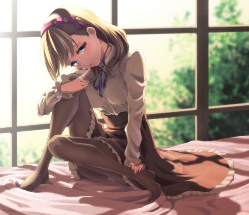 10s 1girl blush brown_eyes brown_hair female_focus hair_ribbon hakkaku_shikimi idolmaster idolmaster_cinderella_girls idolmaster_cinderella_girls_starlight_stage looking_at_viewer pantyhose ribbon sakuma_mayu short_hair sitting smile solo window