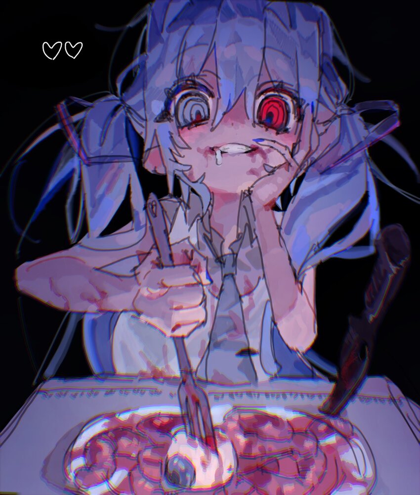 1girl alternate_eye_color ao_6336 apron binomi_(vocaloid) black_background blood blood_on_clothes blood_on_face blue_hair blue_nails blue_necktie cannibalism collared_shirt commentary_request crazy crazy_eyes crazy_grin drooling eyeball fork grey_eyes grey_shirt grin hand_on_own_cheek hand_on_own_face hatsune_miku heart heterochromia highres holding holding_fork intestines knife looking_at_food necktie planted planted_knife planted_weapon plate red_eyes ringed_eyes shirt simple_background sleeveless sleeveless_shirt smile solo table twintails upper_body vocaloid weapon white_apron