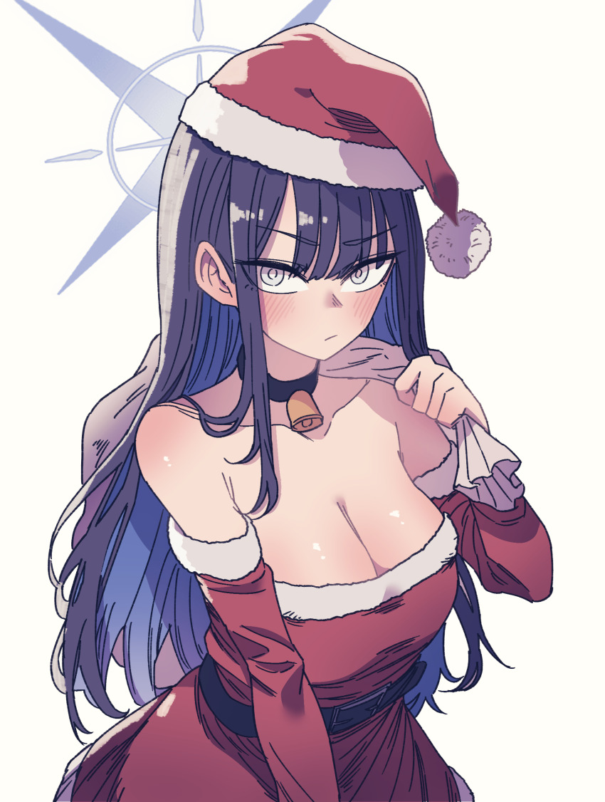 1girl absurdres alternate_costume anygatsby bell belt_buckle black_choker black_hair blue_archive blue_hair blush breasts buckle choker cleavage collarbone colored_inner_hair detached_sleeves halo hat highres holding holding_sack large_breasts multicolored_hair neck_bell sack santa_costume santa_hat saori_(blue_archive) simple_background solo straight_hair two-tone_hair white_background