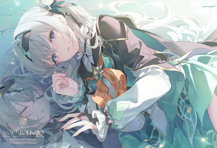 1girl aqua_skirt black_bridal_gauntlets black_hairband bridal_gauntlets closed_eyes cropped_jacket different_reflection firefly_(honkai:_star_rail) grey_hair hair_between_eyes hair_ornament hairband honkai:_star_rail honkai_(series) long_hair long_sleeves looking_at_viewer lying multicolored_eyes on_side parted_lips reflection shirt single_bridal_gauntlet skirt toosaka_asagi white_shirt