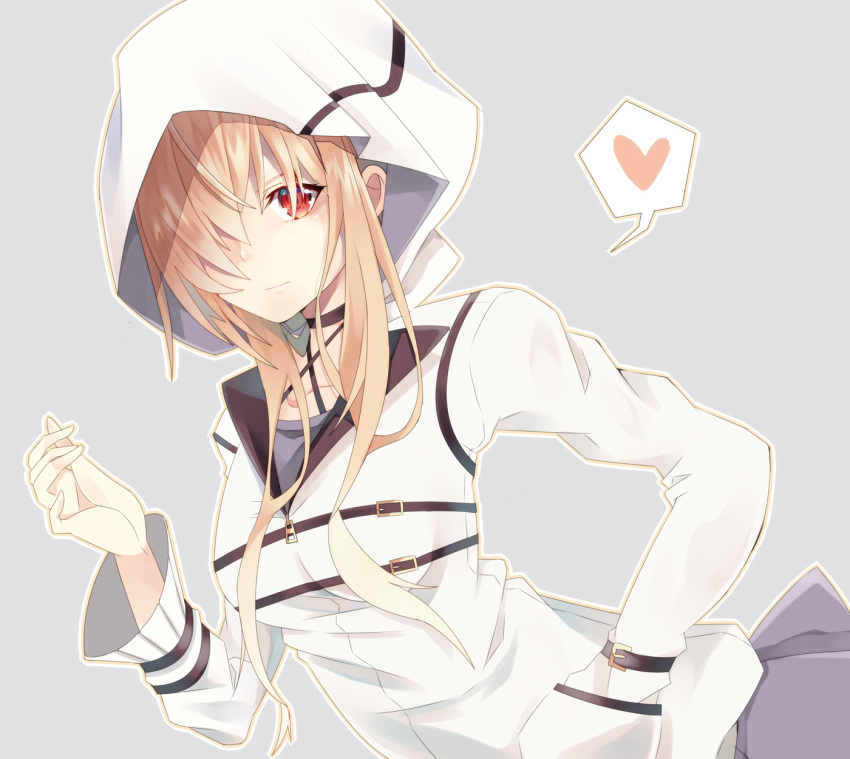 1girl 9-nine- akisaki black_choker blonde_hair choker closed_mouth commentary_request criss-cross_halter dutch_angle eyebrows_hidden_by_hair ghost_(9-nine-) grey_background grey_skirt hair_over_one_eye halterneck hand_in_pocket hand_up heart highres hood hood_up hoodie long_bangs long_hair long_sleeves looking_at_viewer one_eye_covered red_eyes simple_background skirt smile solo speech_bubble spoken_heart tsurime upper_body v-shaped_eyebrows white_hoodie wide_sleeves zipper