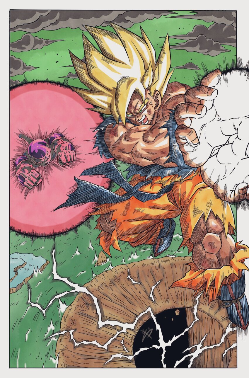 2boys aura battle blonde_hair blue_footwear blue_shirt boots dragon_ball dragonball_z electricity frieza green_eyes highres kamehameha_(dragon_ball) male_focus medium_hair multiple_boys muscular muscular_male orange_pants pants powering_up reeya shirt son_goku spiked_hair super_saiyan super_saiyan_1 torn_clothes torn_pants torn_shirt