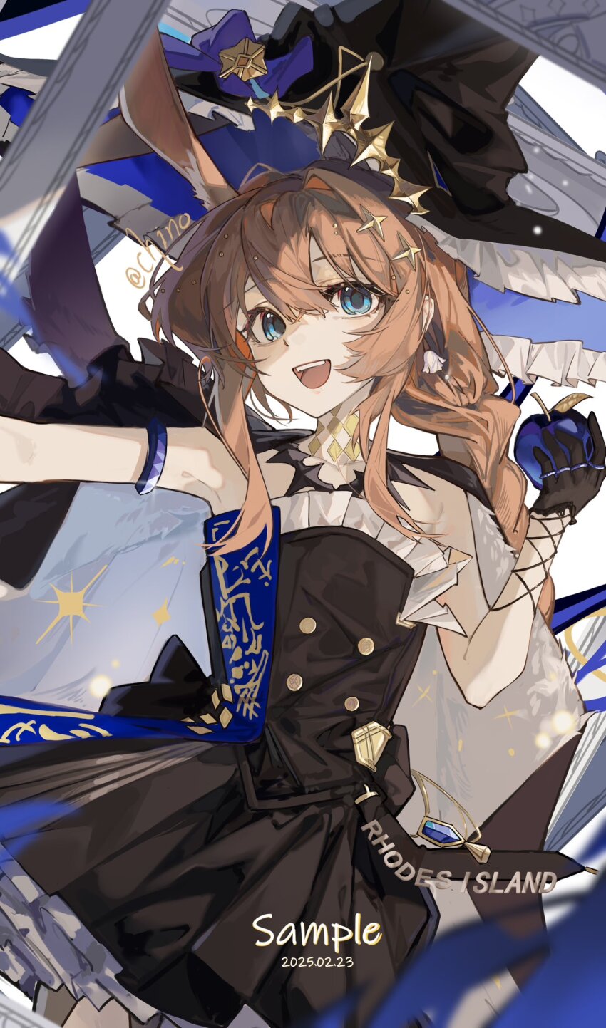 1girl :d amiya_(arknights) amiya_(medic)_(arknights) amiya_(medic)_(solo_around_the_world)_(arknights) animal_ear_fluff animal_ears arknights bare_shoulders black_dress black_gloves black_hat blue_apple blue_eyes brown_hair chino_(user_zdyd2447) commentary_request dated dress food frilled_dress frilled_hat frills fruit gloves hair_between_eyes half_gloves hand_up hat highres holding holding_food holding_fruit long_hair looking_at_viewer open_mouth outstretched_arm pleated_dress rabbit_ears sample_watermark single_hair_intake smile solo unworn_hat unworn_headwear very_long_hair watermark witch_hat