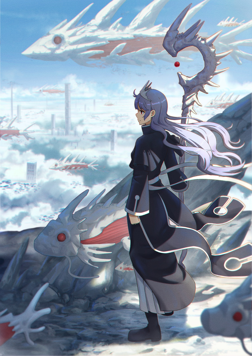 1girl absurdres black_footwear black_jacket blue_sky boots closed_mouth cloud commentary_request crown day full_body hanagamigendai highres holding holding_staff jacket long_hair long_sleeves looking_to_the_side original outdoors purple_hair red_eyes sky solo staff standing wizard