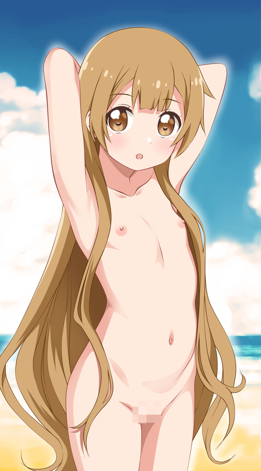 1girl armpits beach blush breasts brown_eyes brown_hair kiniro_tofu loli long_hair looking_at_viewer navel nipples nude ocean oomuro_hanako open_mouth outdoors sky small_breasts solo yuru_yuri